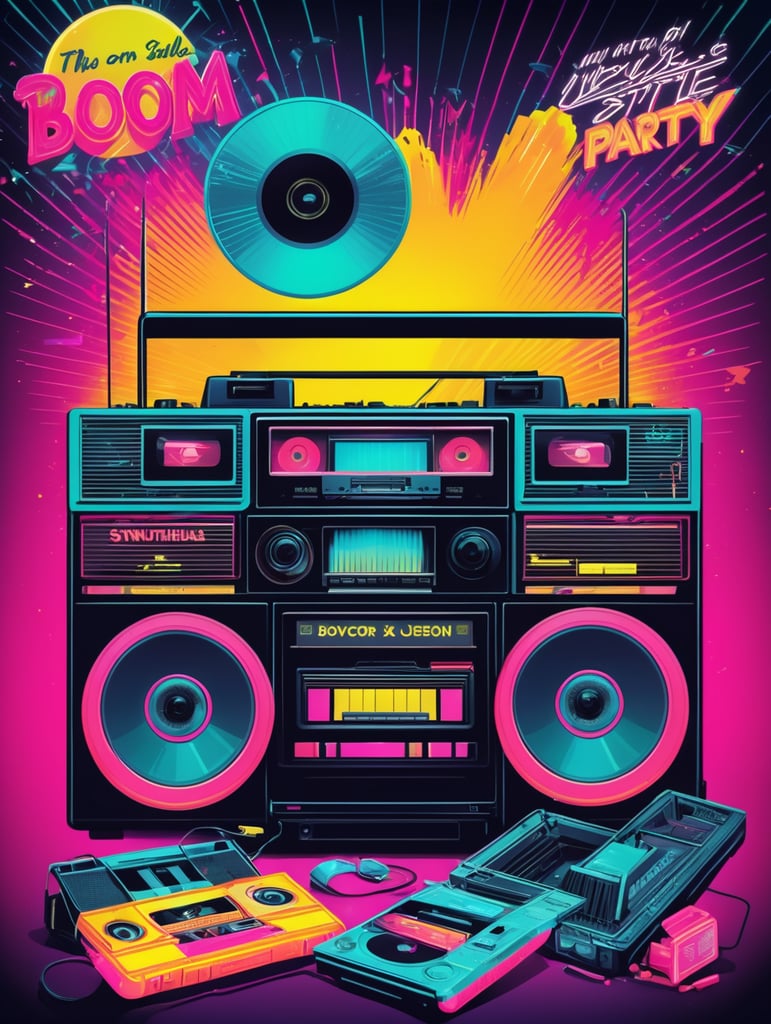 80's style retro party poster featuring boom box, cassettes, record player, neon, synthwave, disco vibes
