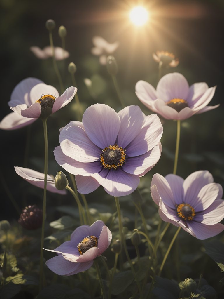 цветы анемоны, светит солнце в саду