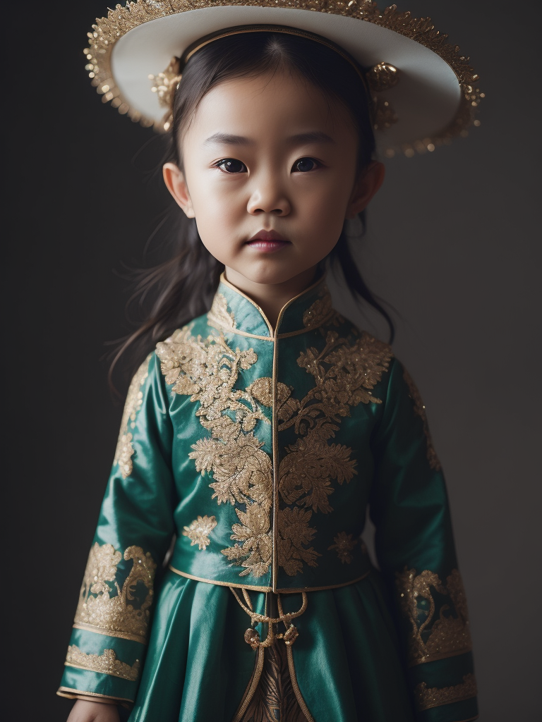 (((cute, sad little girl aged 5))) from China dressed in a (((typical Chinese colorful wedding dress, green and gold color))), (photorealistic: 1.4, lifelike), highly detailed CG unified 8K backgrounds, 1 child, looking at the viewer, (HQ skin:1.4), 8k uhd, dslr, soft lighting, high quality, film grain, Fujifilm XT3, ((simple, neutral background)).