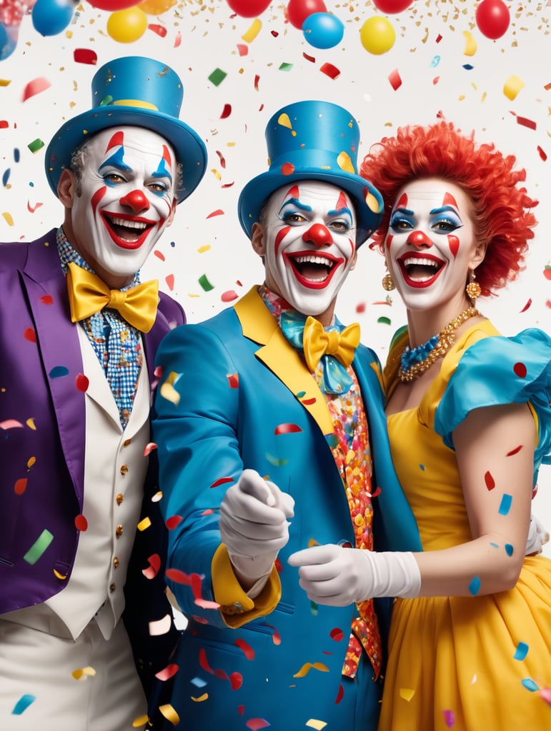 2 homens e uma mulher fantasiados de palhaços felizes jogando confetes e brincando no carnaval com fundo branco