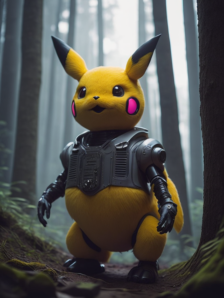 Robot pikachu in a forest