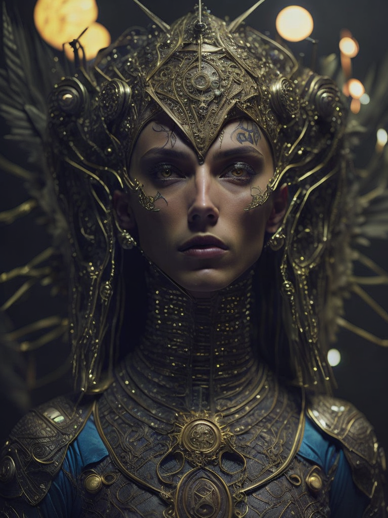 Masterpiece sculpture of an ornate bejeweled mechanical robot alien moonster , by annie swynnerton and diego rivera and nicholas roerich and giger and jean delville, symbolist, dramatic lighting, god rays, elaborate geometric ornament, art brut, rich colors, smooth, sharp focus, extremely detailed, adolf wolfli and donato giancola