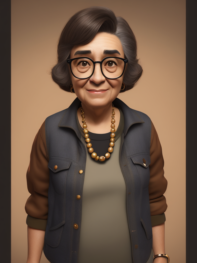 grandpa, black hair, Brown eyes, glasses and necklace, Full body, standing centered, Pixar style, 3d style, disney style, 8k, Beautiful, Pixar style girl with black hair brown eyes glasses and necklace