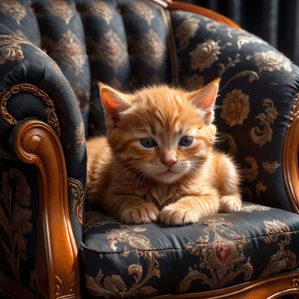 A small ginger kitten curled up asleep on an simple fabric armchair