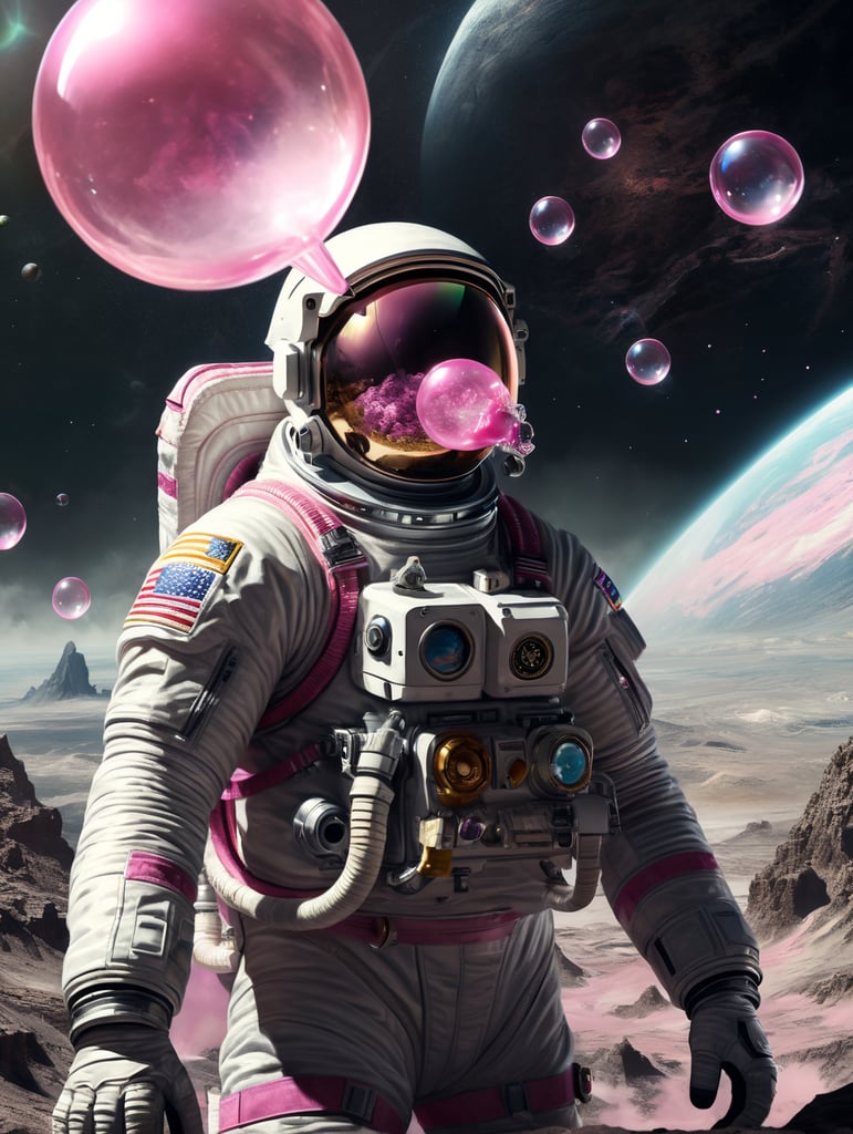 astronaut på en planet I fjern fjern galakse blæser en pink tyggegummi bobbel