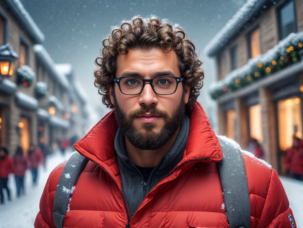 portrait of a bearded curly man wearing red puffer jacket, reeding glasses, stands front camera with gift box his hand, snowy weather, Christmas time, blurry background