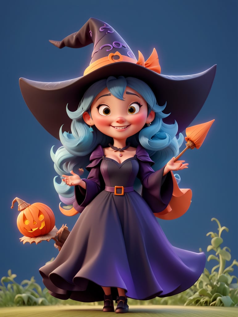 A charming and mischievous Full body witch character in Disney Pixar style, wearing a pointy hat