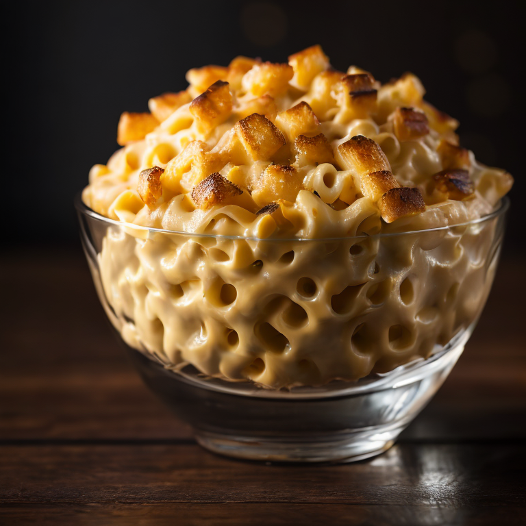 hot mac n cheese in a glass bowl on wooden table, dark background, high in detail, dramatic light