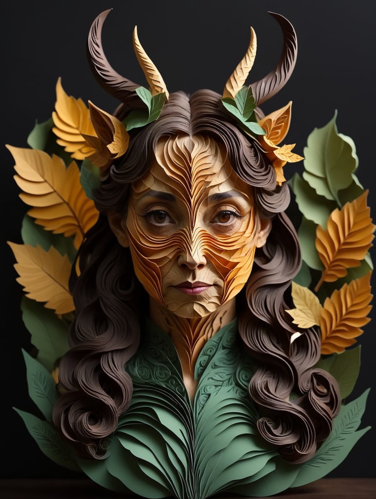Ultrafine portrait of an old female faun, with a skin made of wood, looking at the camera, front view, with short and curve horns on her head, leaves on its hair, god of nature, sharp details,inspired by poison ivy from Batman,