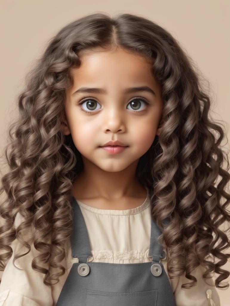 a Small Girl with Long Curly Hair, Big Eyes, Small Nose, and Small Mouth