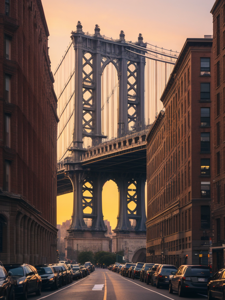 Manhattan bridge view from dumbo, Sunset, High detail, High contrast, Deep rich colors