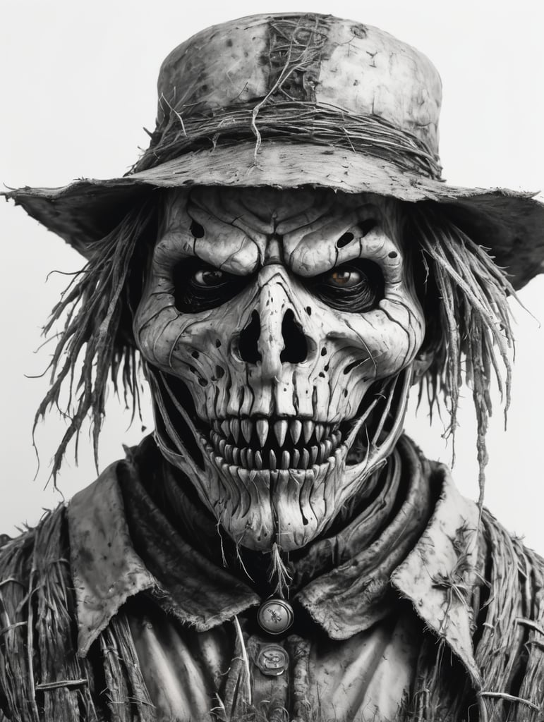 Pure Black and white pen sketch, scary ugly scarecrow on a white background
