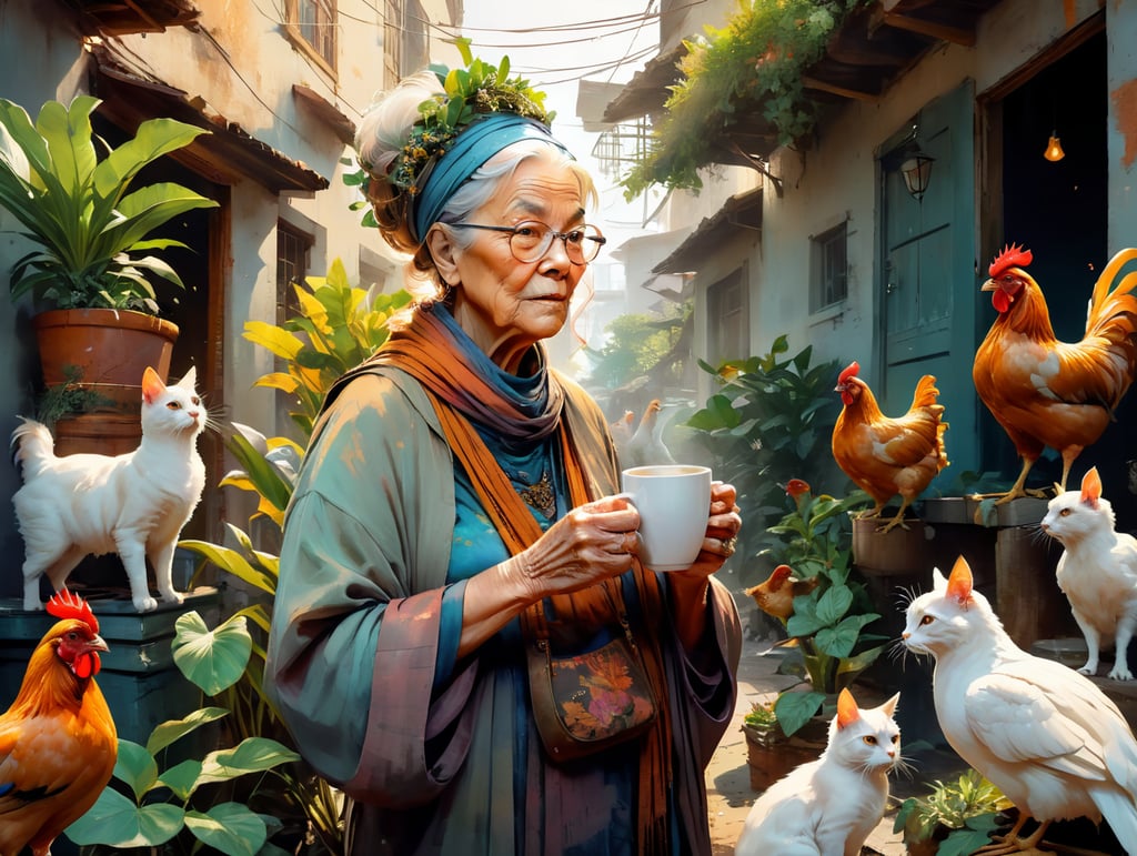 a grandma wearing oversized clothes and plants in her hair surrounded by lots of cats coffee and chickens