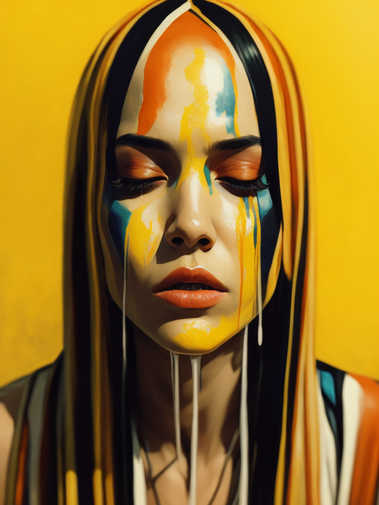 Portrait of a girl with a painted face and paint flowing from her face, closed eyes, yellow background