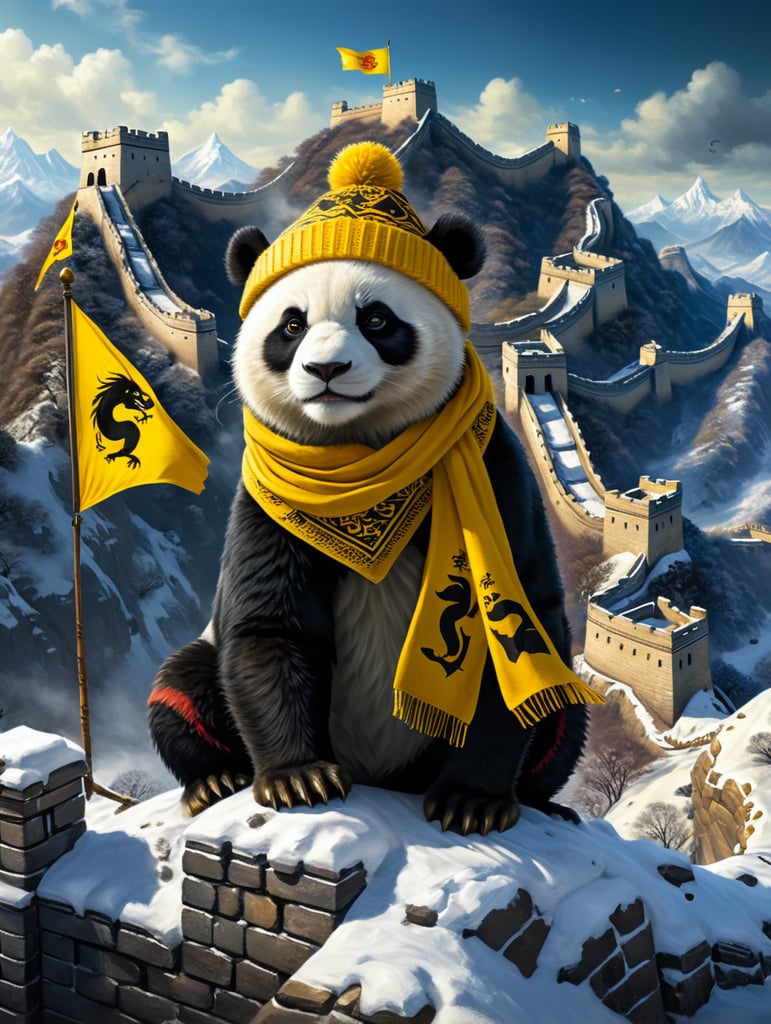 white and black panda sitting on a snowy moutain greatwall wearing a woolly hat and scarf and great wall has many yellow dragon triangle flags