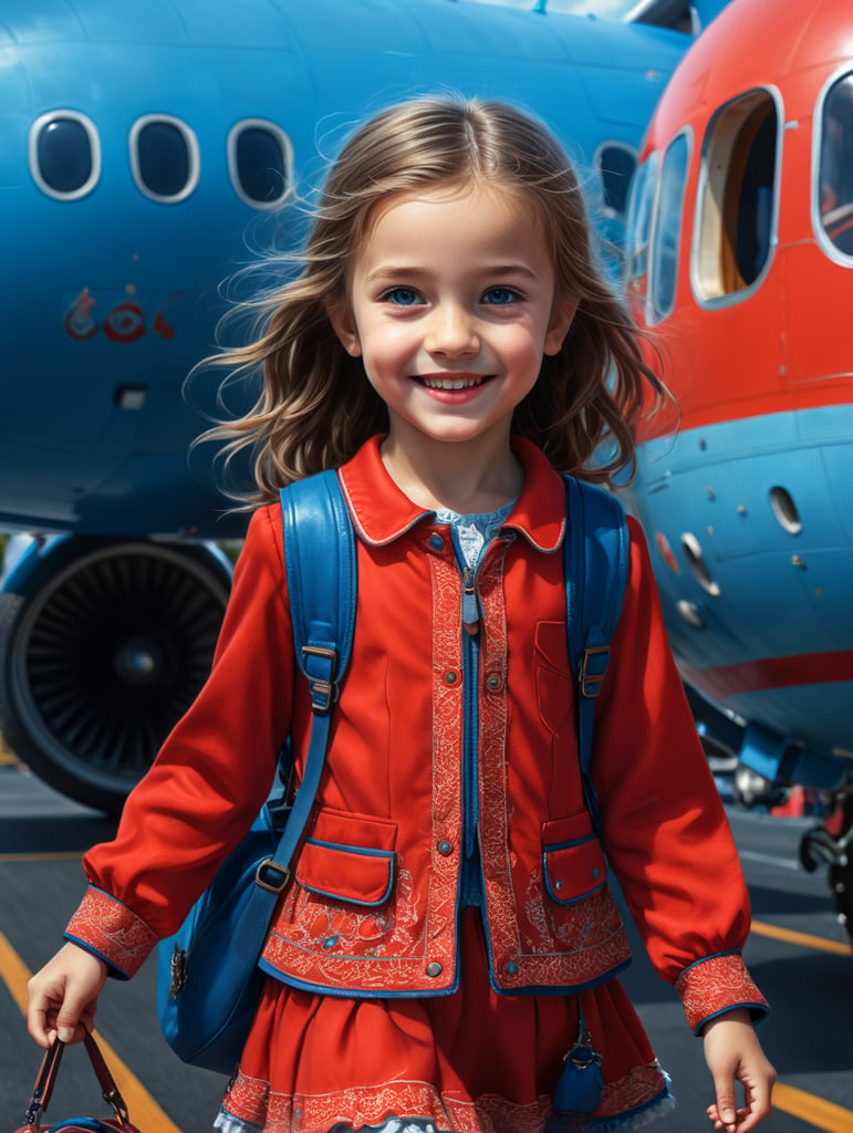 photo happy little girl going to travel, cute girl, dressed in all red, blue background, harpers bizarre, cover, headshot, hyper realistic