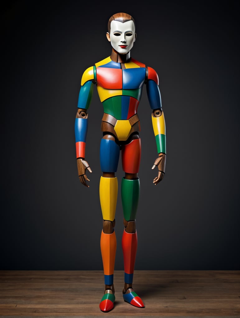 Studio photography of a wood male doll,full body, with an minimal colorful mask, inspired in triadic ballet, bauhaus school style