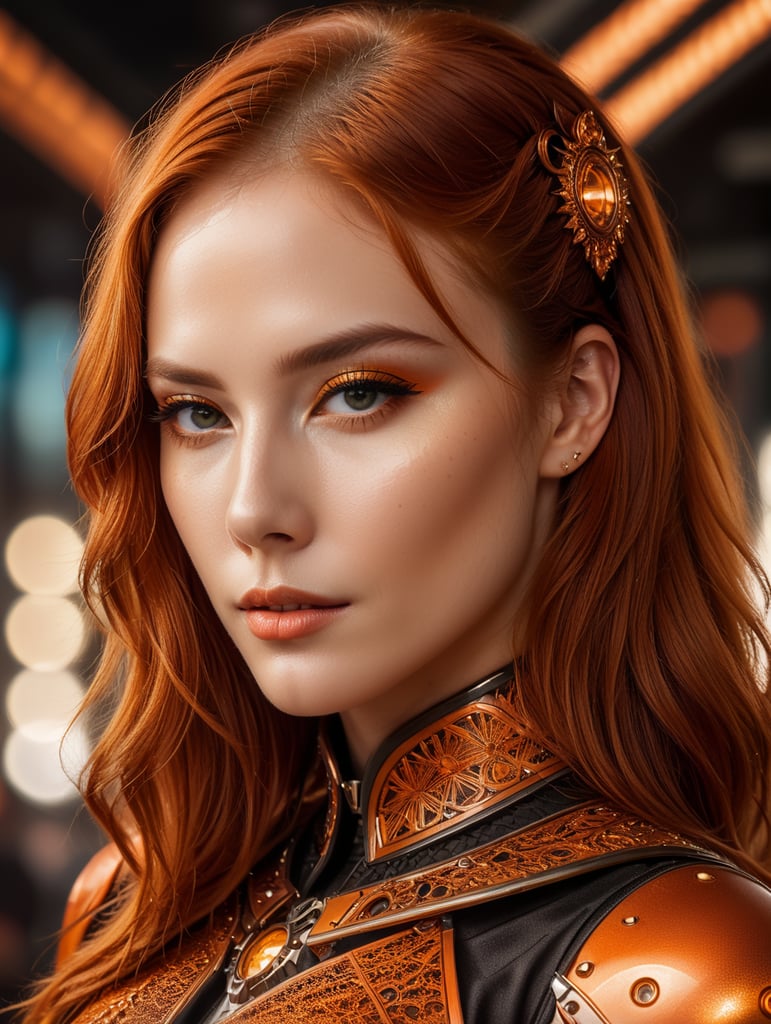 A beautiful redhead female artist all orange sleek futuristic outfit, with intricate patterns, details, design, clean makeup, with depth of field, fantastical edgy and regal themed outfit, captured in vivid colors, embodying the essence of fantasy, minimalist, film grain