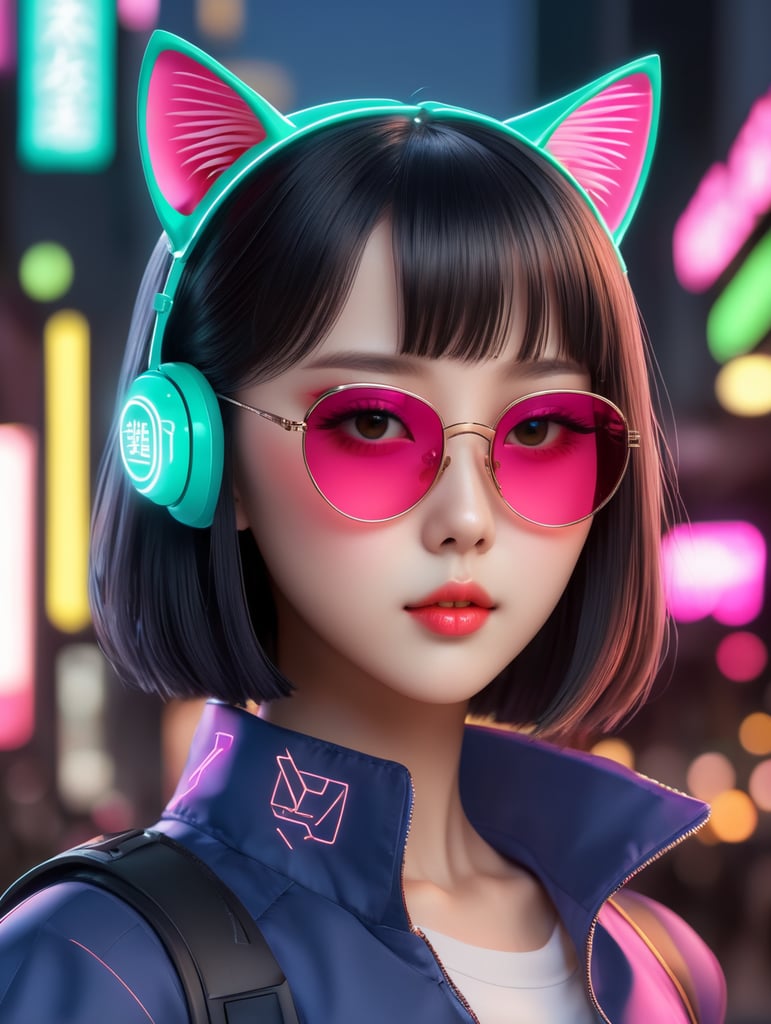 Premium AI Image, modern anime character of Chinese girl AI generated, neon, sunglasses, small cat, lizard