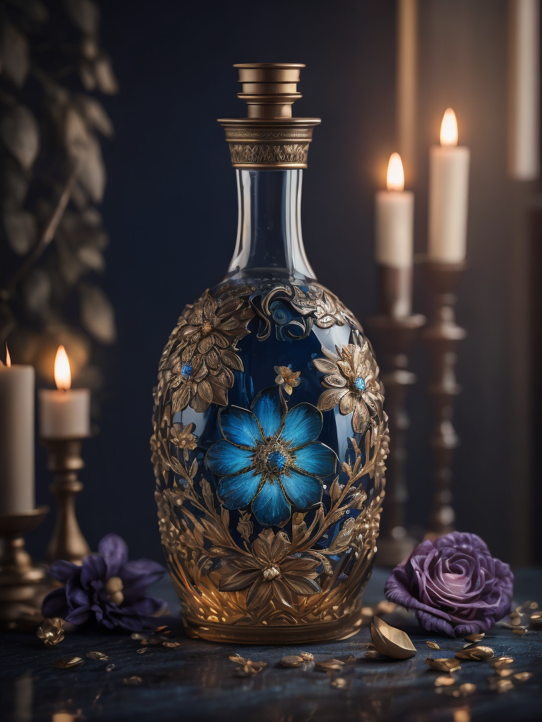 Magic elixir bottle from, carved glass, decorated with flowers and gems, fairy atmosphere, illumination, dark blue color, smoke