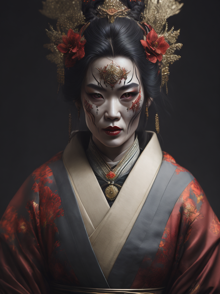 Portrait art of undead geisha, detailed, intricate, full of colour, cinematic lighting, 4k, focused, extreme details, cinematic, masterpiece