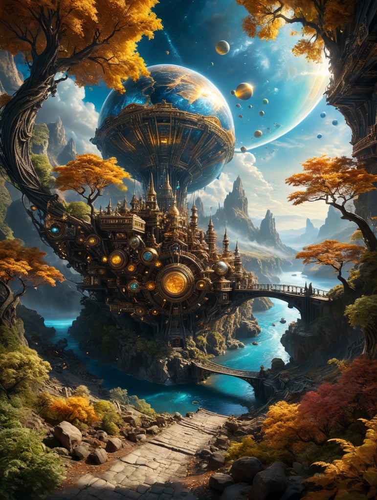 16K ultra cinematic High quality resolution Image, the Flying Dutchman made of detailed wires revealing pistons, detailed motor parts, copper trimmings, In the vast expanse of the cosmos, Above, a mesmerizing tapestry of planets, galaxies, and stars illuminates the scene. Below, a golden street meanders towards a radiant blue glass-colored river. On the right, a multicolored tree bursts with lustrous fruits, adding life to the luminous spectacle, infinite background