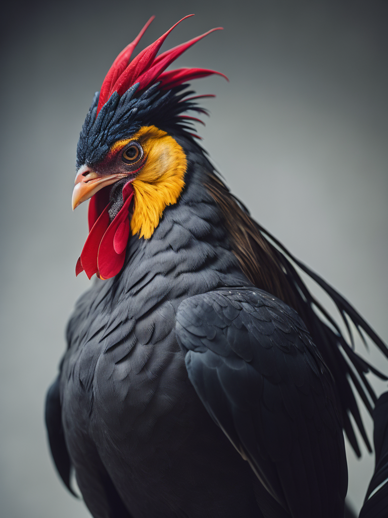 Detailed profile portrait of a rooster, Depth of field, Incredibly high detail, gradient background, Vibrant colors, Depth of field, Incredibly high detail