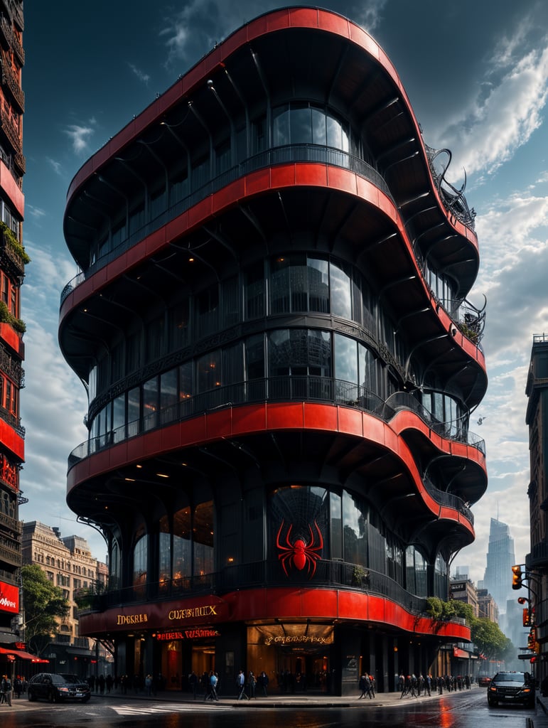 dream prompt: the craziest, bentwood, far view lens architectural modern style hyper realistic hyper detailed neocosmic exterior architecture design of a spider Fluid complex facade, geometric shapes spectrum, black::1 red:3, Antoine Blanchard architecture art style, in new york city, dramatic ambient, natural lighting, camera sony, 8k, --s1000 --style raw, you can imagine
