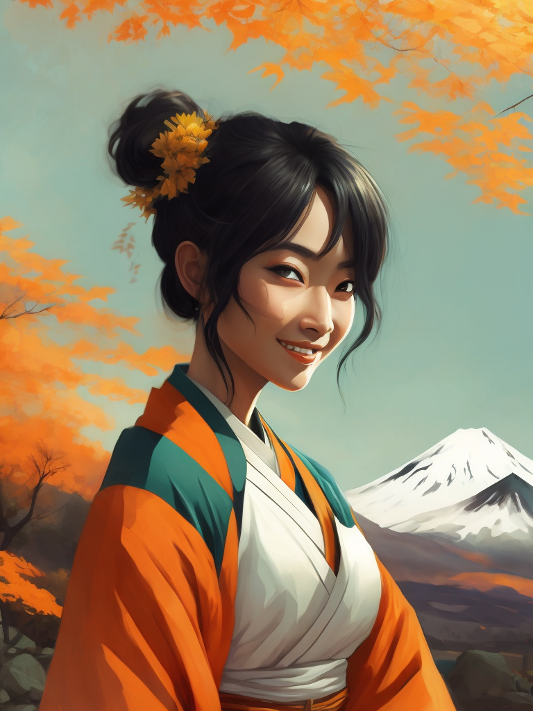 A cute and smiling Japanese girl in a white kimono, Mount Fuji in the distance. gentle watercolor style. clear, sharp and artistic high-resolution picture.