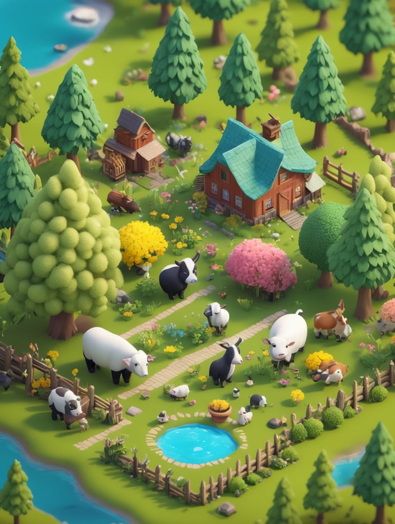 Detailed 3d farm island, fluffy trees, animals, working people, cute creatures, gathering place, flowers, game art style, 3d model, blender modeling, stylized, isometric, tinye style, cute, postcard style, miniatures