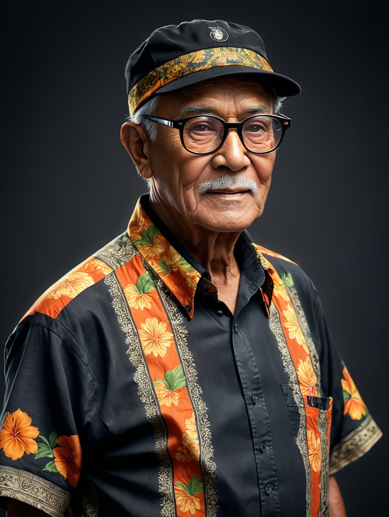 kakek berumur 80 tahun menggunakan baju batik khas Indonesia dan peci warna hitam, dengan kacamata, berfoto full badan
