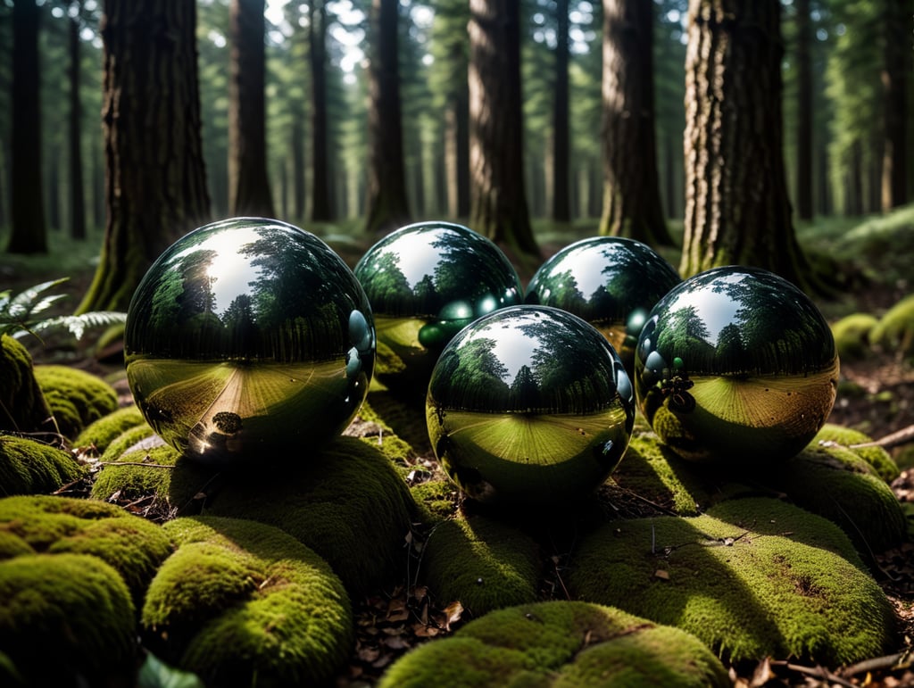 chrome round balls flying in the forest, no blur, sharp focus, cinematic lighting, epic scene