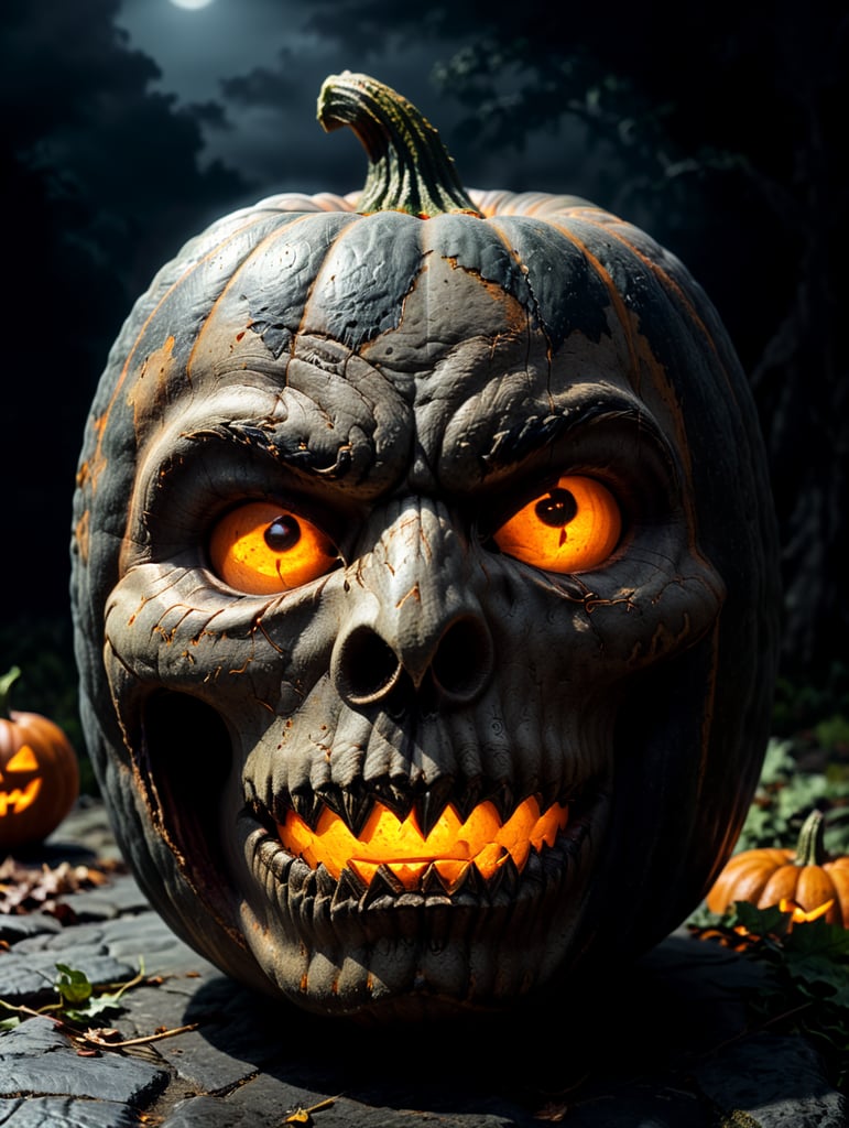 Halloween pumpkin photorealistic illustration, scary, dark