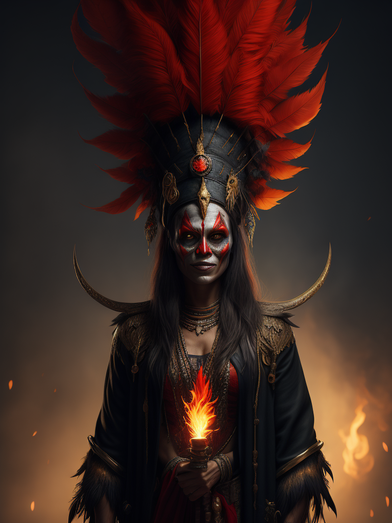 full-length portrait of a witch doctor wearing a feather headdress, holding a glowing skull floating, red face warpaint, ghostly, horror background, fantasy concept art, highly detailed