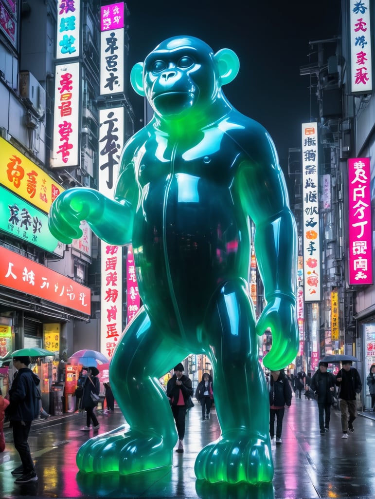 Giant Japanese gummy monkey, translucent, four-story, walks through Tokyo at night, neon rainy city, cyberpunk, techno city.