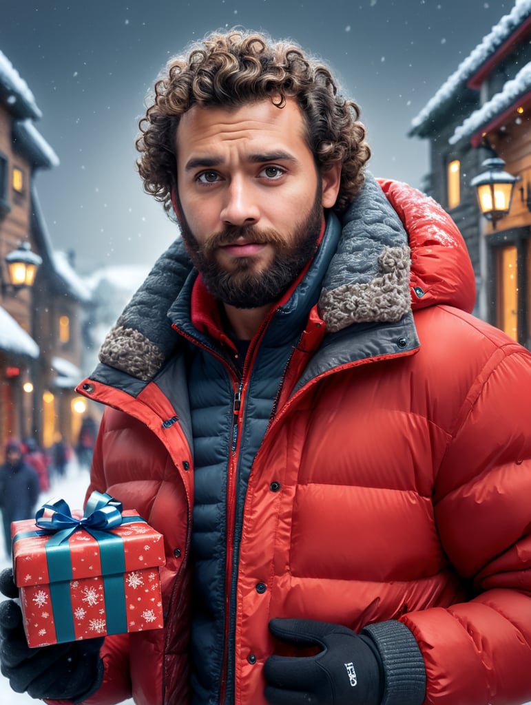 portrait of a bearded curly man wearing red puffer jacket, stands front camera with gift box his hand, snowy weather, Christmas time