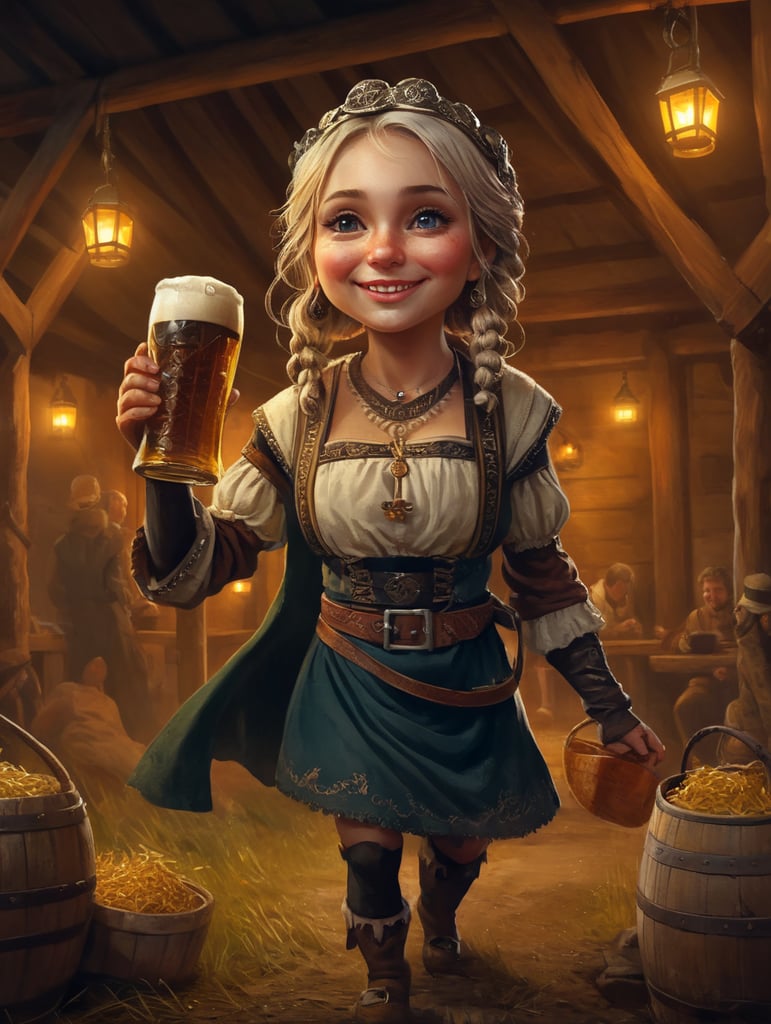 anglo saxon woman on Cute Poster Art for Oktober Fest in the German countryside, girl dressed in traditional tracht and drinking beer, new exciting angle illustrated by Skottie Young