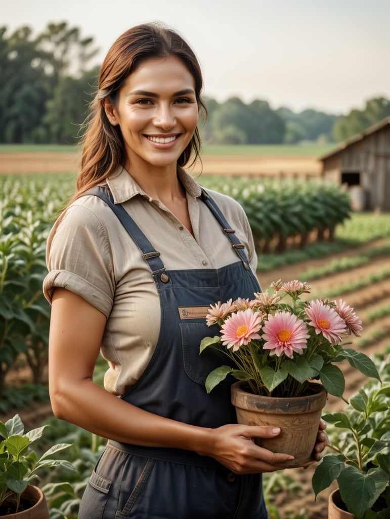 A beautiful woman farmer smiles and stands in a farm field, holding a wooden twig up in her right hand. The woman holds a flower pot in front of her breast in her left hand.