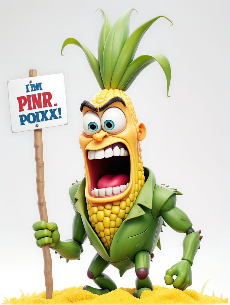 a realistic angry Genetically modified corn holding a sign "I'm sick!", WHITE background