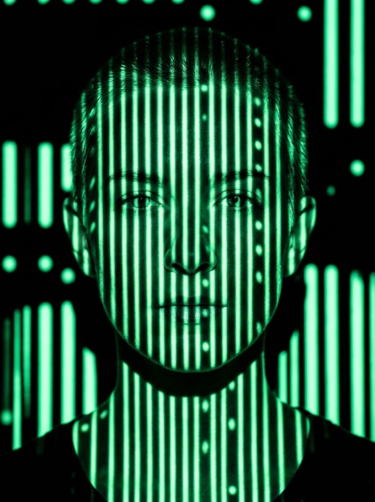 A human face rendered barely visible through an intense, high-contrast projection of glowing mint-green vertical lines and scattered spots. The facial structure is defined exclusively by stark gobo lighting, where the vivid neon green patterns wrap around the three-dimensional contours of the skin against an absolute pitch-black void. The striking monochromatic color palette consists solely of pure, deep black and luminous, saturated mint green. Harsh, directional light creates crisp, graphic transitions between the radiant green stripes and the solid black shadows. In the surrounding space, graphic light projections form sharp, bright green vertical bars and circular dots on a flat background plane, interrupted by stark, pitch-black silhouettes blocking the light. The composition relies entirely on dramatic neon light mapping to reveal the central subject, resulting in a surreal, highly graphic aesthetic with sharp focus on the luminous projected textures.