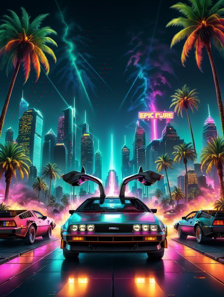 80's Back To The Future style retro party poster background with palm trees, trans am, city skyscapers, neon vibrant colours, synthwave, disco vibes,