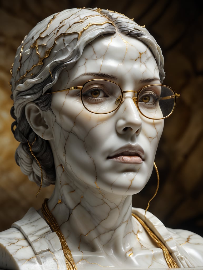 cracked marble sculpture of womans head with glasses, use face from uploaded photo, sculpture on the table, cracked white marble with gold and dark gold, studio lighting, professional photo, soft background, art classical reference
