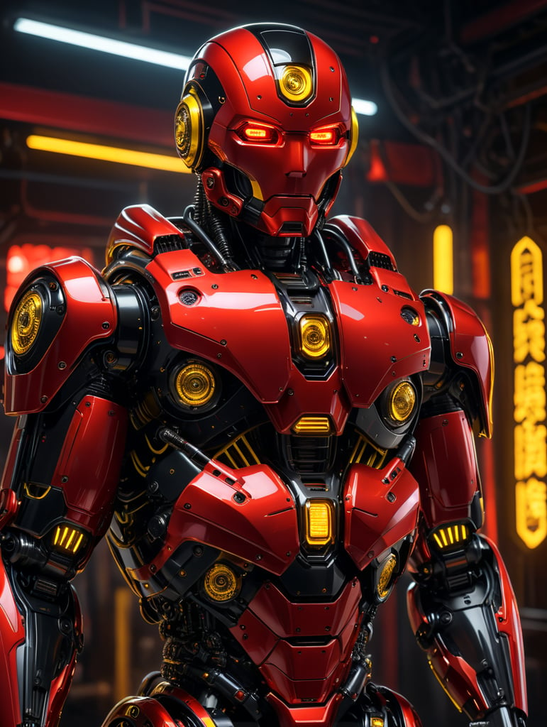 a red and black robot with neon lights, in the style of light black and yellow, octane render, polished craftsmanship, aquirax uno, precise craftsmanship