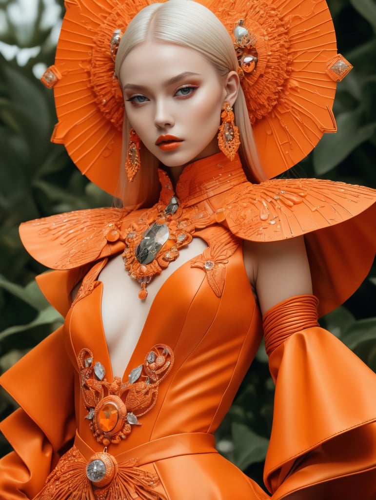 Girl in eco friendly haute couture outfit in the style of anime, surrealism, akira style. details. fine jewelry. eco friendly. orange vibe.