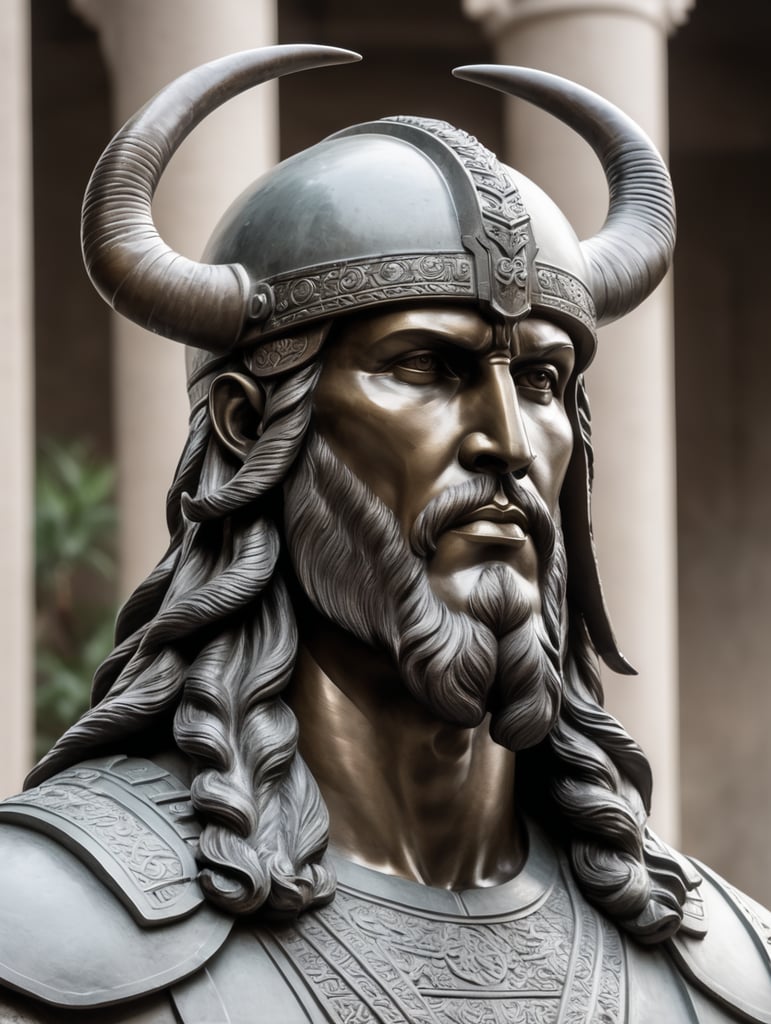 Statue Bust of a man with a helmet with 2 horns, the man has long hair and Sharp gaze and high cheekbones and is without beard or mustache