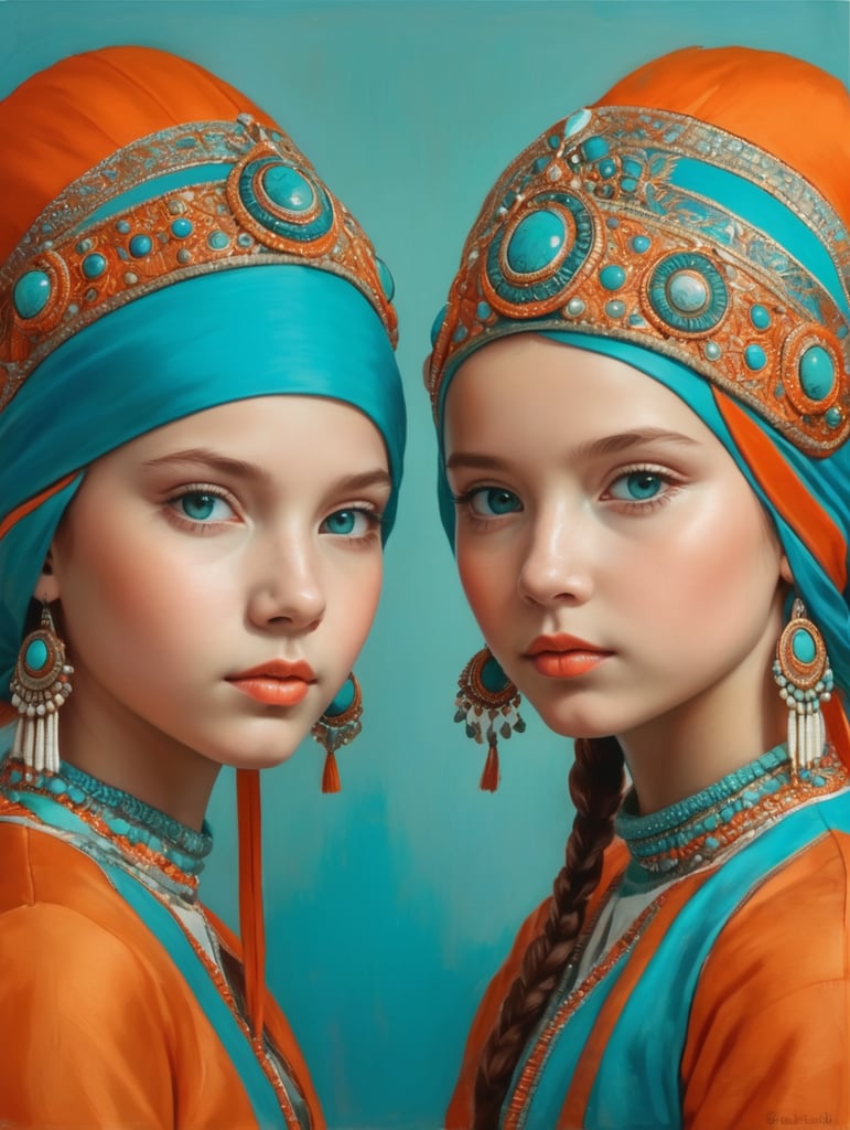 Portrait of two young girls wearing Coifs, half lenght, Wes Anderson style, Incredibly high detail, Bright colors, Turquoise, blue, orange