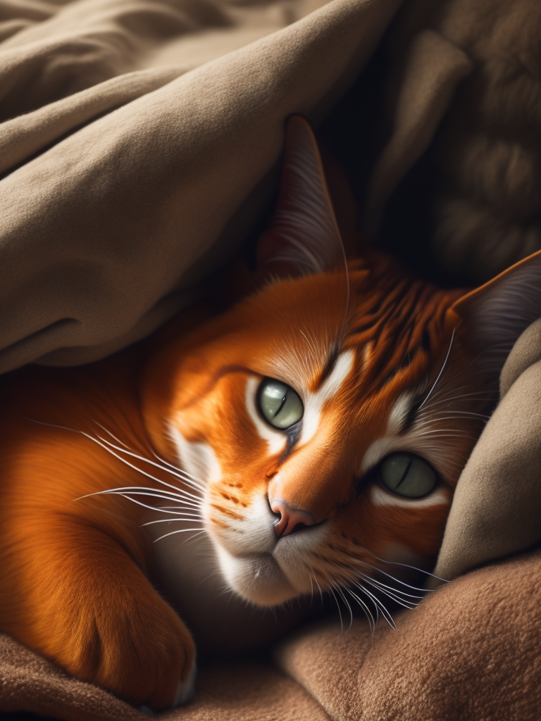 Рыжий кот спит со смешным лицом на кровати с бежевым одеялом. В стиле реализм.