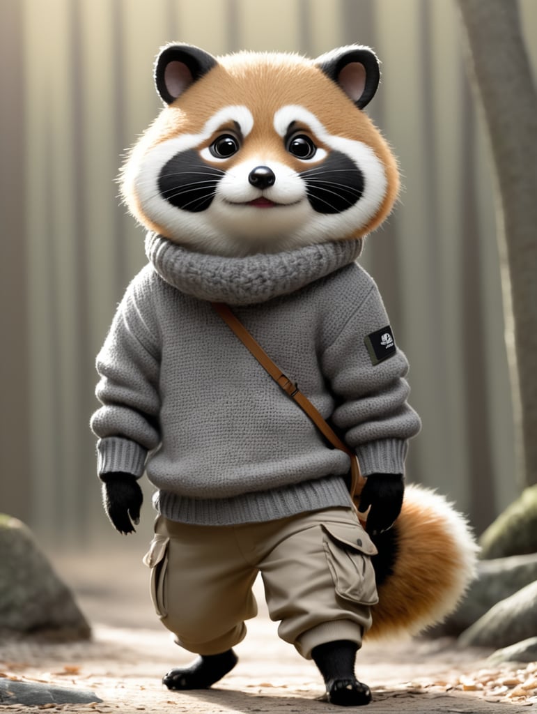 A tanuki wearing a cheery sweater and gray cargo pants.