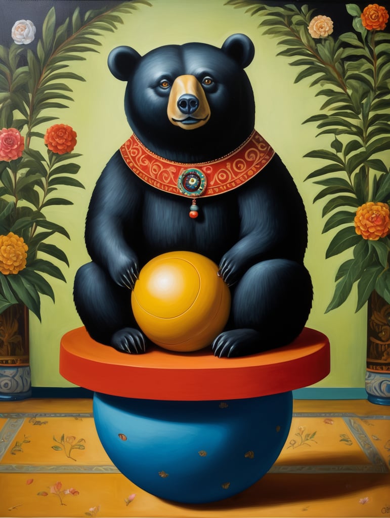 a bear on a ball, style of Catherine Nolin, Painting, Acrylic, Oil, Portrait, Interior, USA