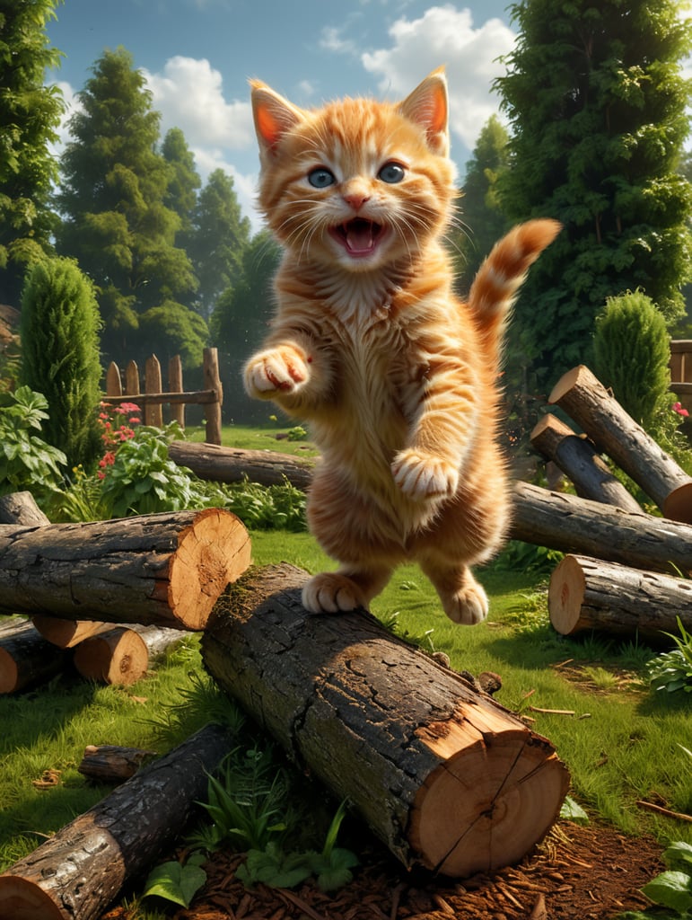 Ginger kitten jumping off a tall pile of logs that has started to fall down. In a garden with a grass lawn.